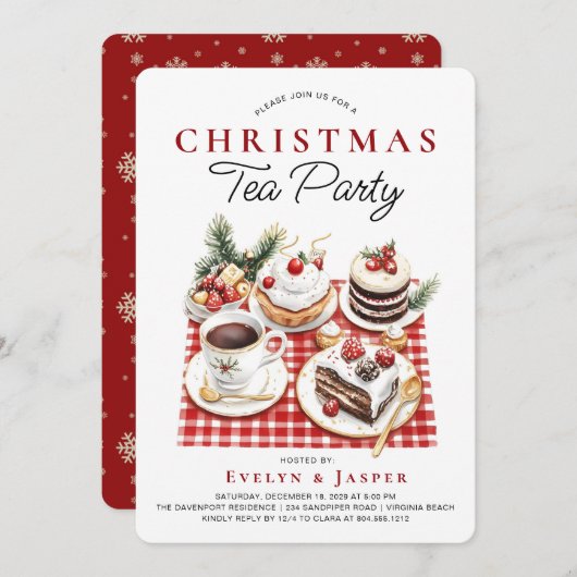 Modern Watercolor Christmas Tea Party  招待状 (正面/裏面)