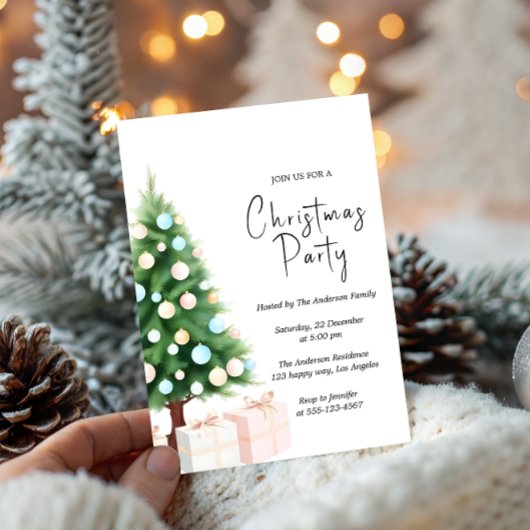 Modern Watercolor Christmas Tree Party Invitation  招待状