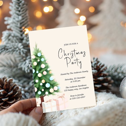 Modern Watercolor Christmas Tree Party Invitation 招待状