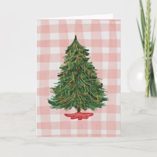 Modern Watercolor Christmas Tree Pink Gingham Card カード