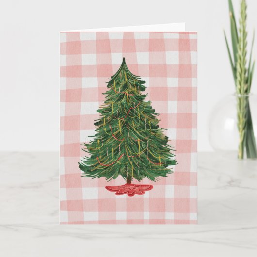 Modern Watercolor Christmas Tree Pink Gingham Card カード (正面)