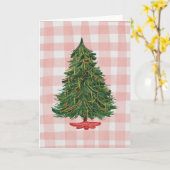 Modern Watercolor Christmas Tree Pink Gingham Card カード (黄色い花)