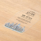 Modern Watercolor City Skyline Destination Wedding アクリル招待状 (レイダウン)