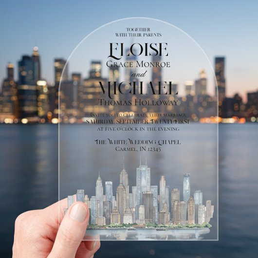 Modern Watercolor City Skyline Destination Wedding アクリル招待状