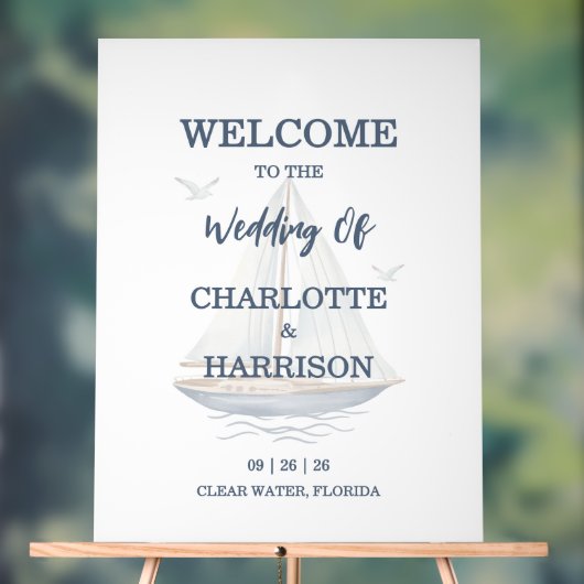 Modern Watercolor Coastal Seascape Wedding アクリルサイン (ニュートラル)