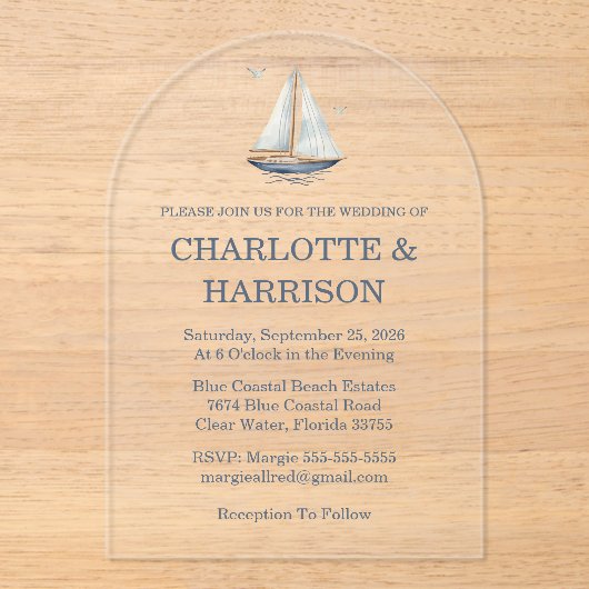 Modern Watercolor Coastal Seascape Wedding アクリル招待状 (正面)