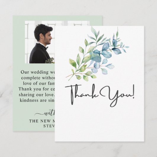 Modern Watercolor Eucalyptus Greenery Wedding サンキューカード (正面/裏面)