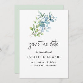 Modern Watercolor Eucalyptus Greenery Wedding セーブザデート