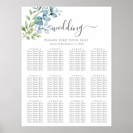 Modern Watercolor Eucalyptus Greenery Wedding ポスター (正面)