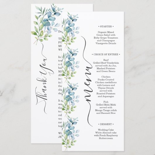 Modern Watercolor Eucalyptus Greenery Wedding メニュー (正面/裏面)