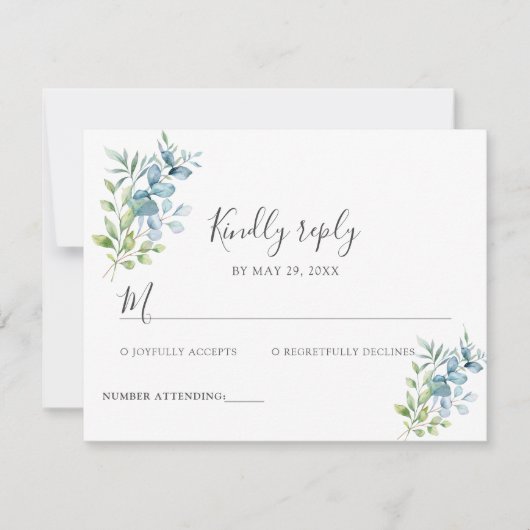 Modern Watercolor Eucalyptus Greenery Wedding 出欠カード (正面)