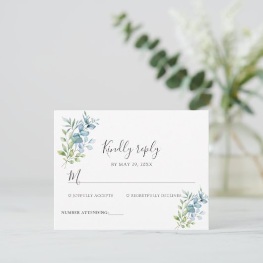 Modern Watercolor Eucalyptus Greenery Wedding 出欠カード (スタンド正面)