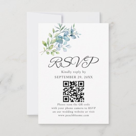 Modern Watercolor Eucalyptus Greenery Wedding 出欠カード (正面)