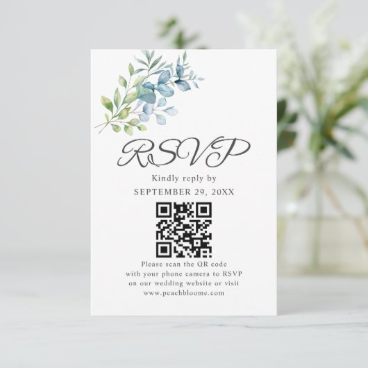 Modern Watercolor Eucalyptus Greenery Wedding 出欠カード (スタンド正面)