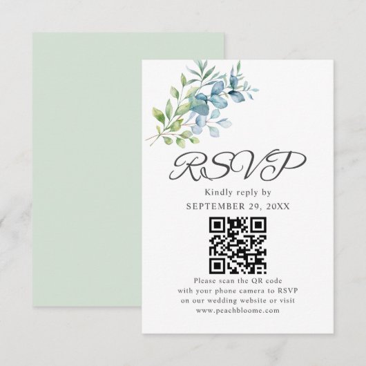 Modern Watercolor Eucalyptus Greenery Wedding 出欠カード (正面/裏面)