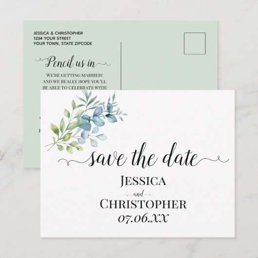 Modern Watercolor Eucalyptus Greenery Wedding 案内ポストカード (正面/裏面)