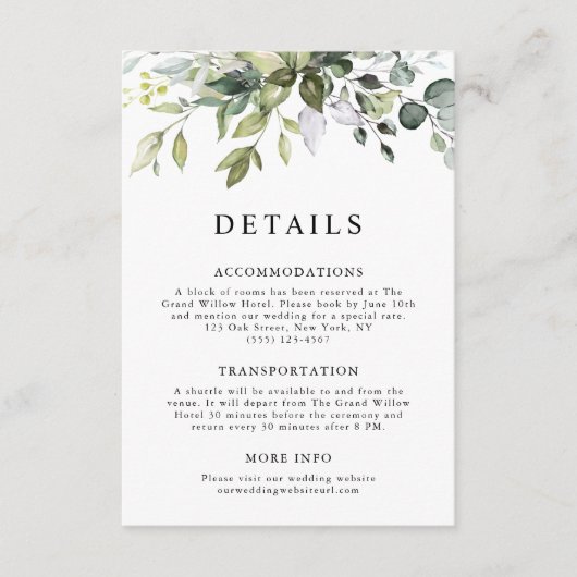 Modern Watercolor Eucalyptus Wedding Details エンクロージャーカード (正面)