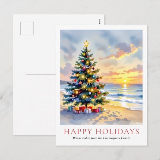 Modern Watercolor Festive Beach Coastal Christmas シーズンポストカード (正面/裏面)
