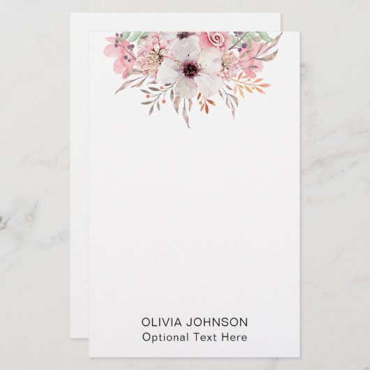 Modern Watercolor Floral Monogram Name 便箋 (正面/裏面)