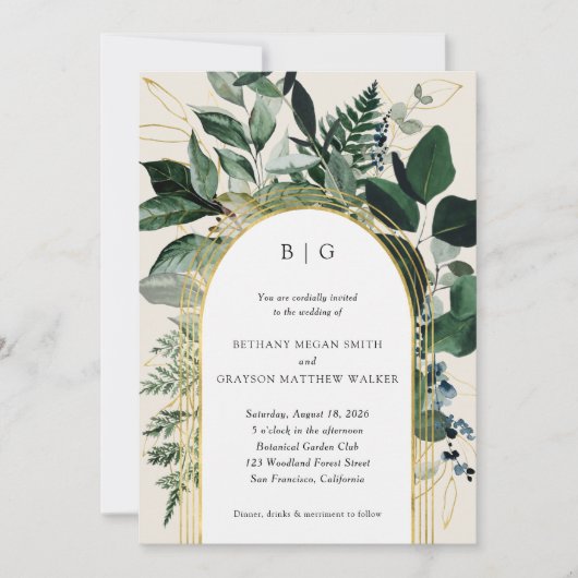 Modern watercolor Greenery beige, garden wedding 招待状 (正面)