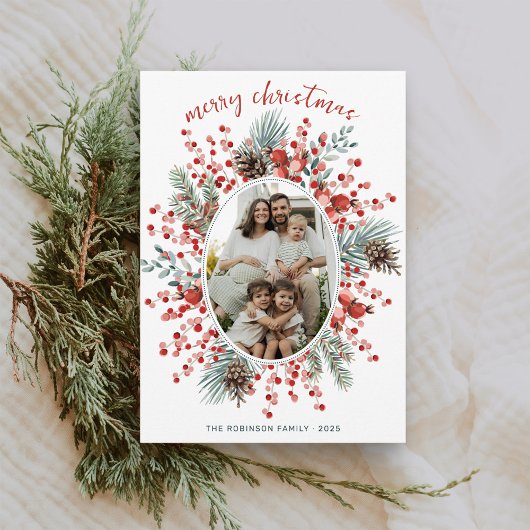 Modern Watercolor Greenery Wreath Photo Christmas シーズンカード