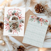Modern Watercolor Greenery Wreath Photo Christmas シーズンカード