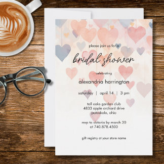 Modern Watercolor Hearts Bridal Shower 招待状