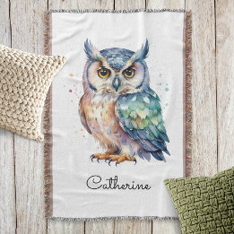 Modern Watercolor Horned Owl Personalized スローブランケット