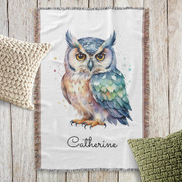 Modern Watercolor Horned Owl Personalized スローブランケット