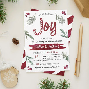 Modern Watercolor "Joy" Candy Cane Baby Shower 招待状