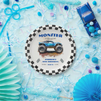 Modern Watercolor Monster Truck Blue Boy Birthday  ペーパープレート