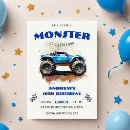 Modern Watercolor Monster Truck Blue Boy Birthday  招待状