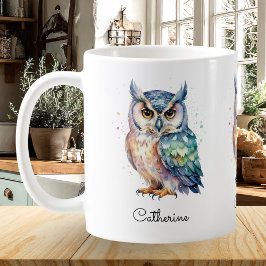 Modern Watercolor Owl Custom Name コーヒーマグカップ