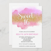 Modern Watercolor Pink Sweet 16 Sixteen 招待状 (正面/裏面)