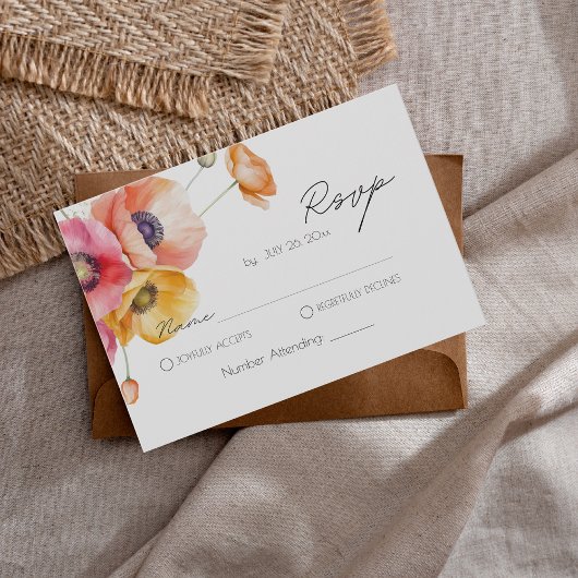 Modern Watercolor Poppies Floral  Wedding 出欠カード