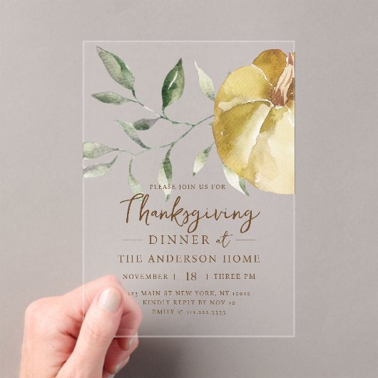 Modern Watercolor Pumpkin Thanksgiving Dinner アクリル招待状 (インサイチュ (ポータブル))