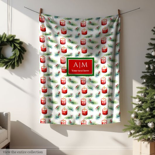 Modern watercolor red green monogram gift throw フリースブランケット