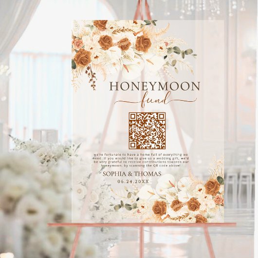 Modern Watercolor Rose QR Code Honeymoon Fund アクリルサイン