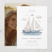 Modern Watercolor Sailing Yacht Save the Date  招待状 (正面/裏面)