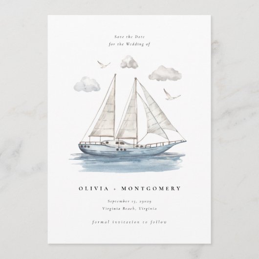 Modern Watercolor Sailing Yacht Save the Date  招待状 (正面)