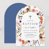 Modern Watercolor Wildflowers Arch Baptism 招待状 (正面/裏面)