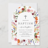 Modern Watercolor Wildflowers Arch Baptism 招待状 (正面)