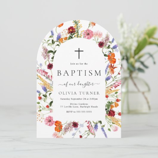 Modern Watercolor Wildflowers Arch Baptism 招待状 (スタンド正面)