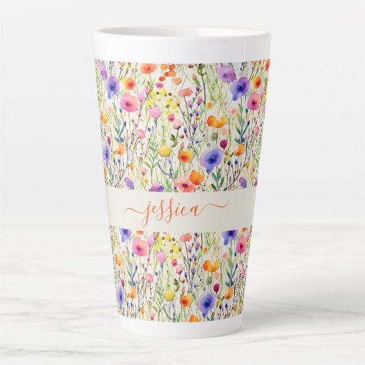 Modern watercolor wildflowers pattern script name カフェラテマグ (正面)