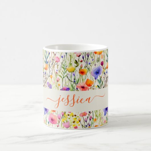 Modern watercolor wildflowers pattern script name コーヒーマグカップ (中央)