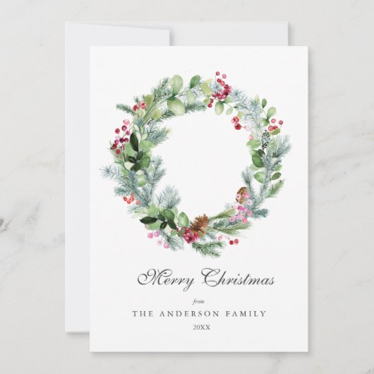 Modern Watercolor Wreath Evergreen and Berries シーズンカード (正面)