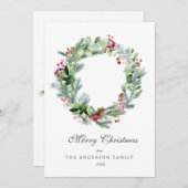 Modern Watercolor Wreath Evergreen and Berries シーズンカード (正面/裏面)