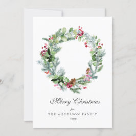 Modern Watercolor Wreath Evergreen and Berries シーズンカード