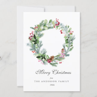 Modern Watercolor Wreath Evergreen and Berries シーズンカード