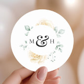 Modern Watercolour Greenery Monogram Wedding ラウンドシール
